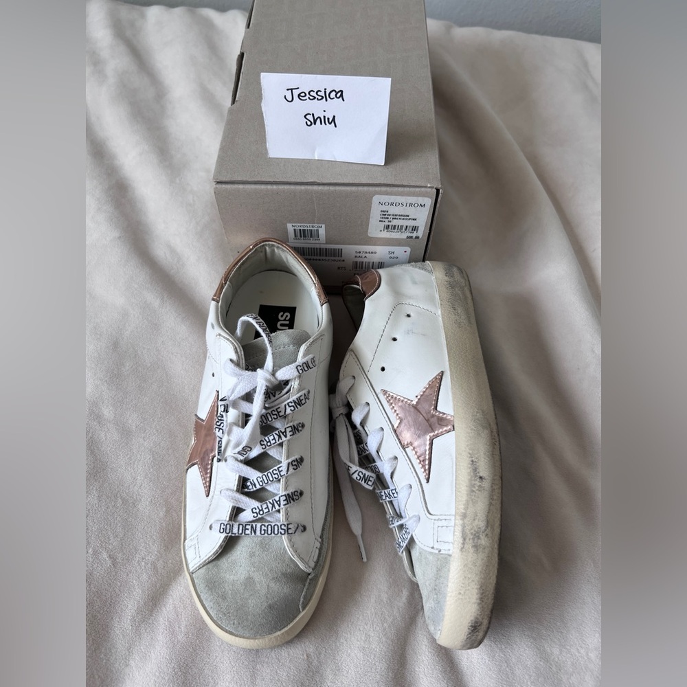 Golden Goose White and Copper/rose gold Star Sneakers
